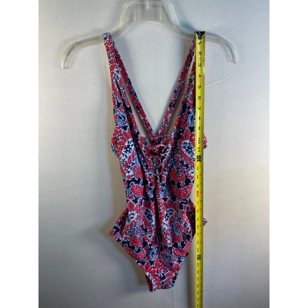 Michael Kors Red Blue‎ Paisley Lace Up One Piece Swimsuit Floral Size 10